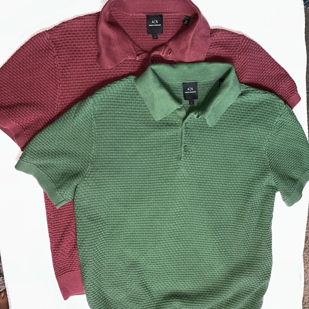 Lot of 2 Armani Exchange Men's Green/Red Knit Polo Shirt Short Sleeve sz Large